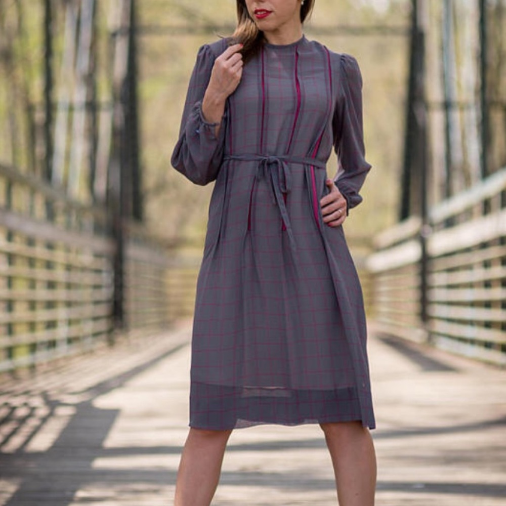 Vintage Sheer Charcoal Gray Grid Line Dress